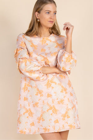 Peach Sherbert Floral Jacquard Long Sleeve Dress