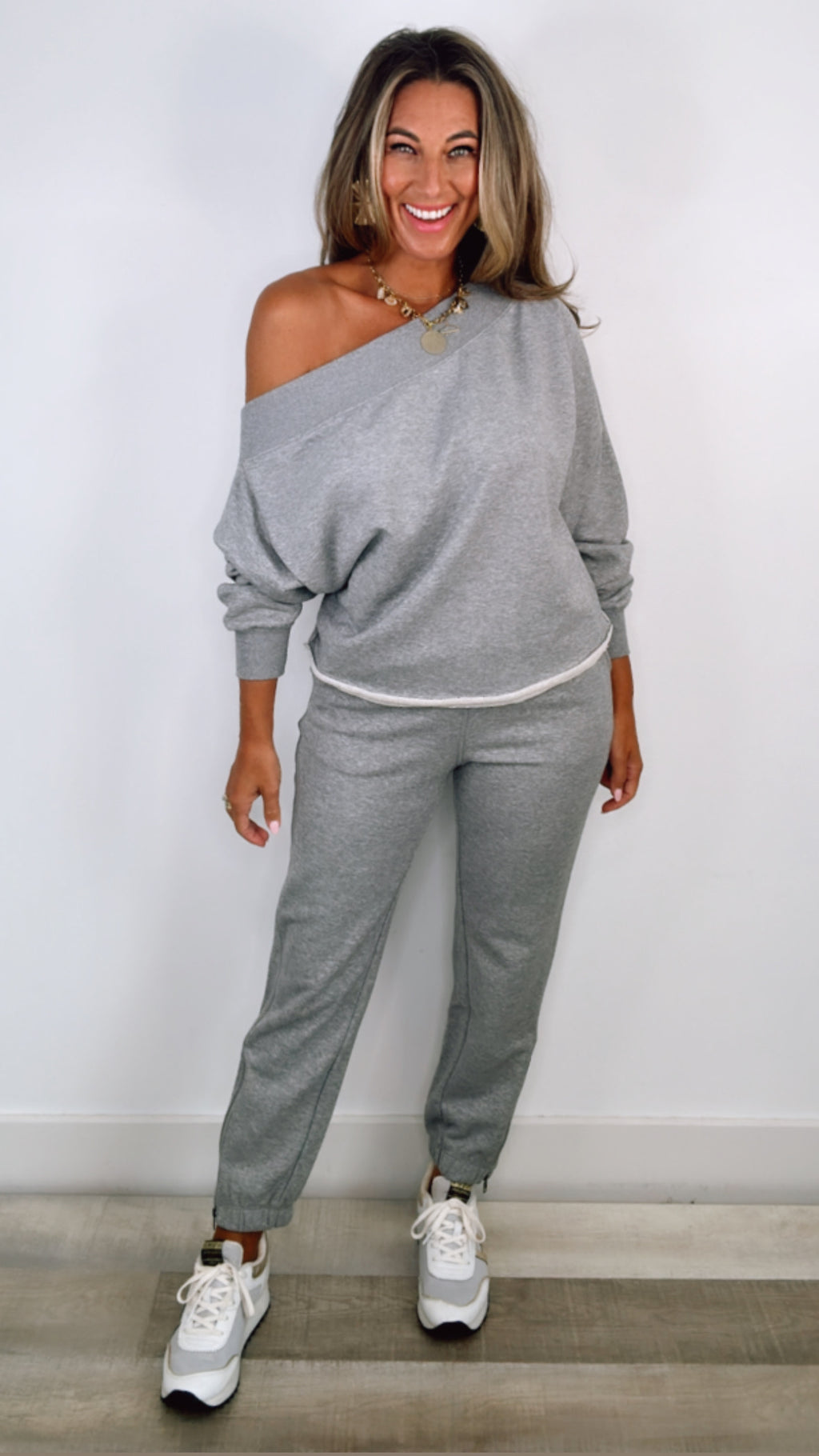 Heather Grey Off Shoulder Zipper Jogger Set (LARGE)