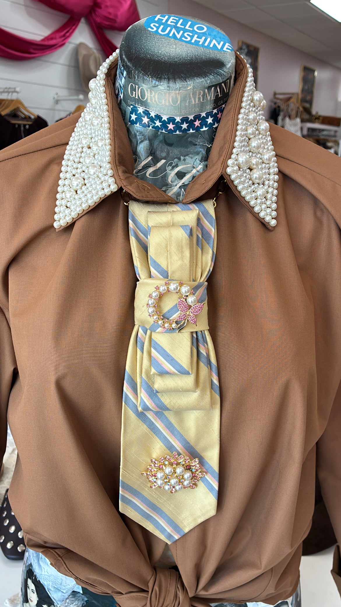 Tie Necklace | Pale Yellow, Pink + Blue w/ Pearl Brooches