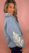 Denim Embroidered Quilted Tie Front Jacket (1 LARGE)