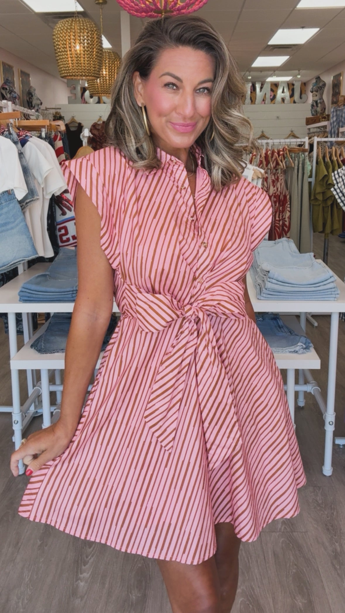 Pink Brown Tie Waist Mini Dress (1 LARGE)