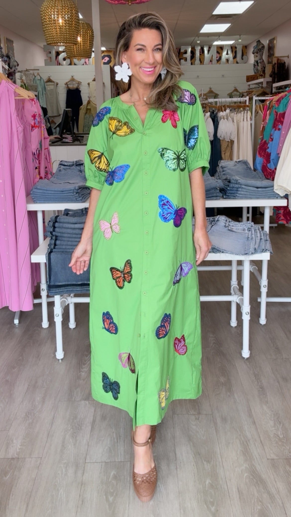 Queen of Sparkles Green Butterfly Button-Up Cotton Maxi