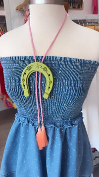 Lucky Horseshoe Bolo Olive Green with Bubblegum Pink & Peach Tassle