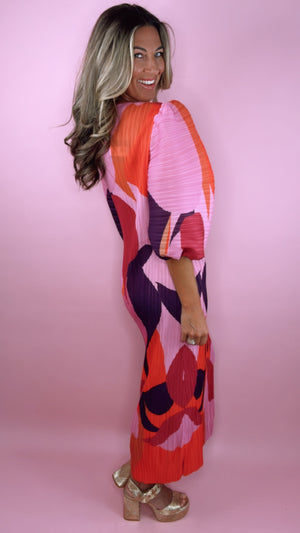 Abstract Print Pleat Puff Sleeve Midi Dress (OSF)