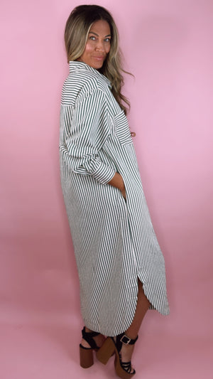 Hunter Green Stripe Button Down Midi Dress