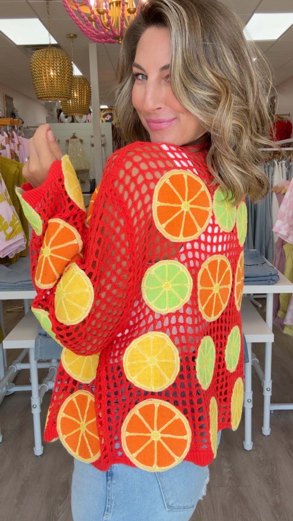 Queen of Sparkles | Crochet Lemon, Lime and Orange Button Up Sweater (SMALL)