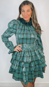 Celia B Noyer Green PLaid Sequin Ruffle Neck Mini Dress