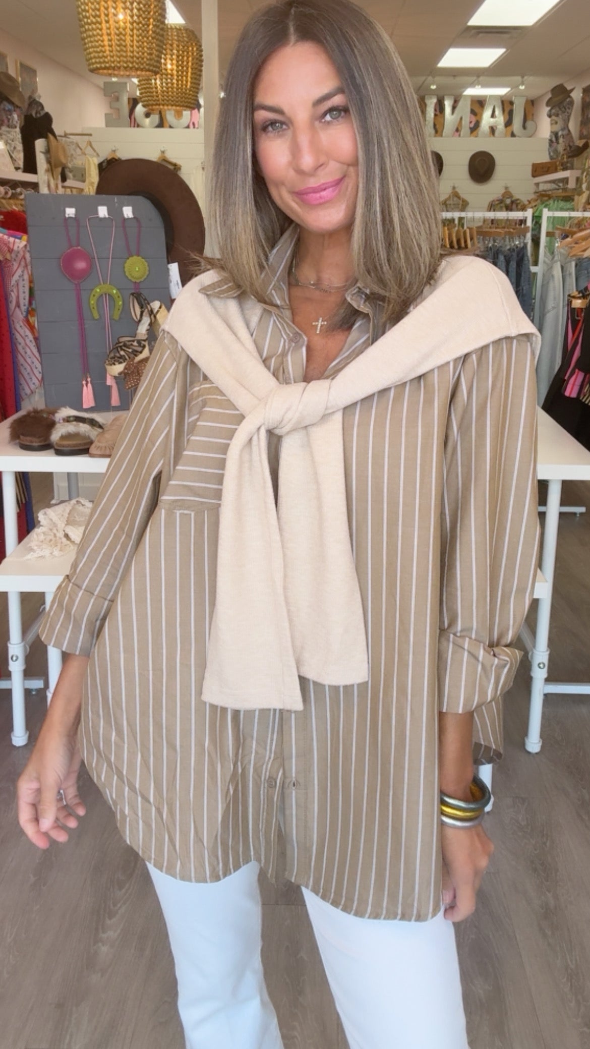 Karlie | Hailey Brown Stripe Poplin Sweater Buttondown