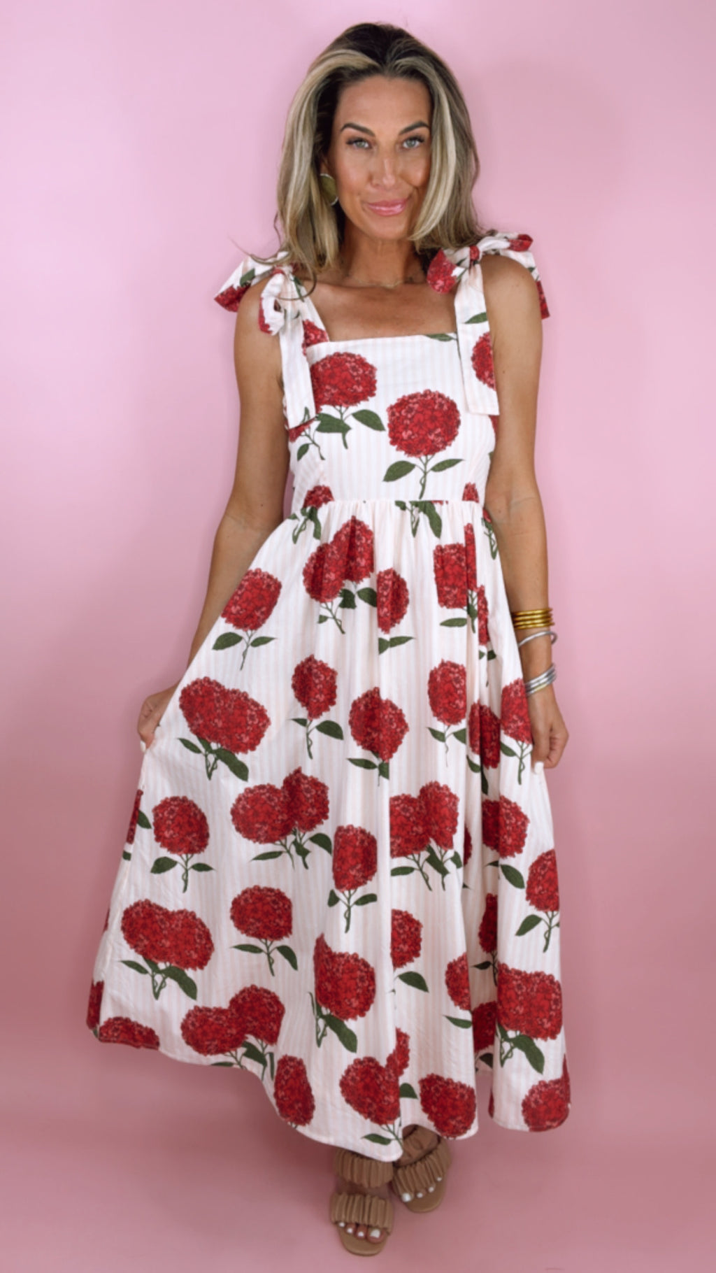 Pink Chicken Stripe Hydrangeas Midi Dress