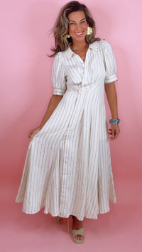 Current Air | Ivory/Blue Stripe Collared Buttondown Midi Dress (1 SMALL)
