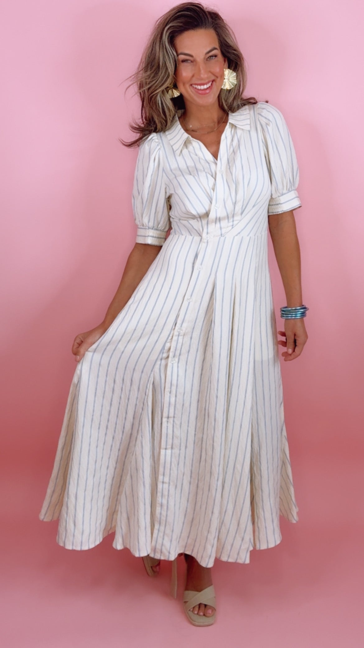 Current Air | Ivory/Blue Stripe Collared Buttondown Midi Dress (1 SMALL)