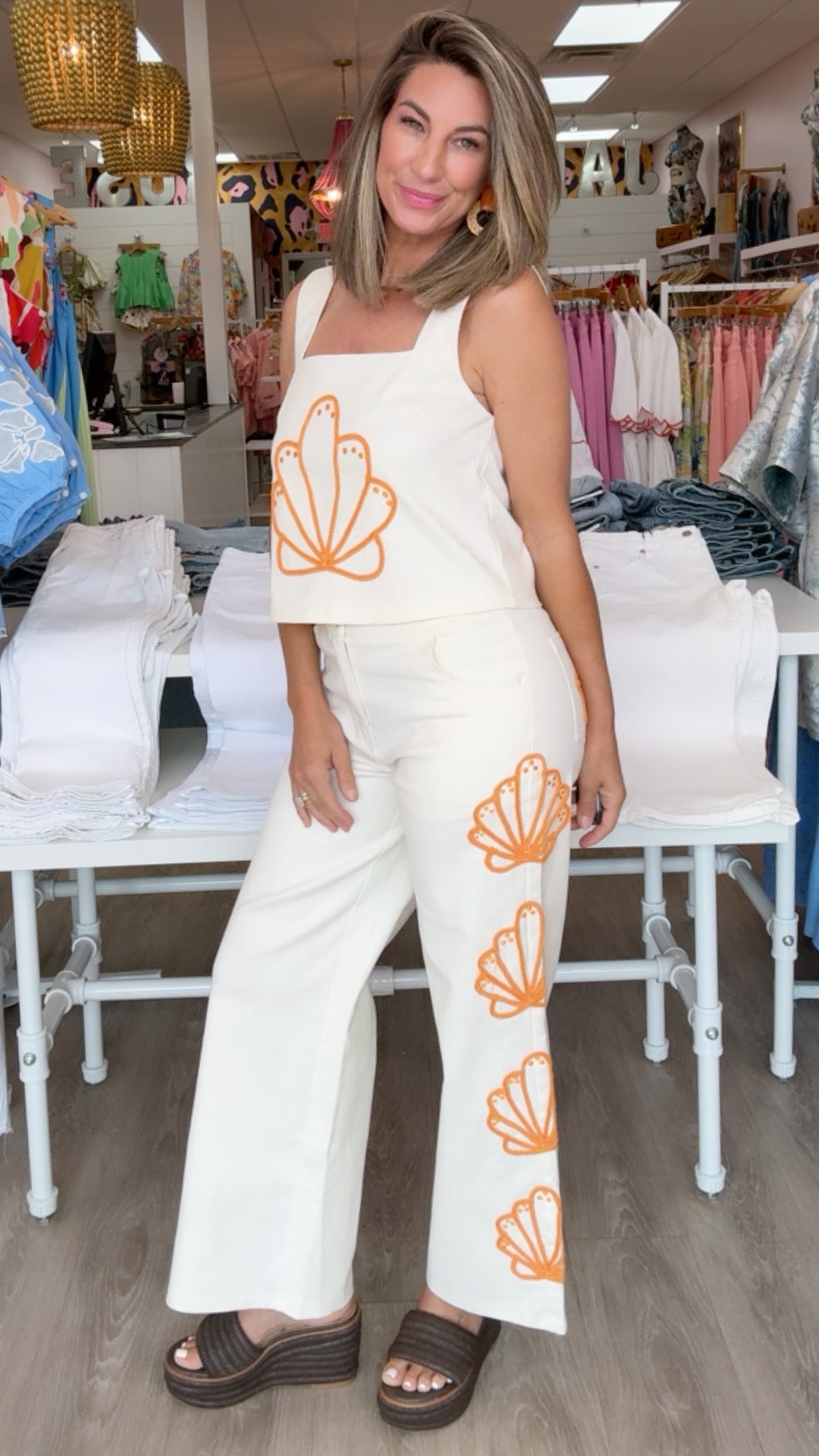 Ivory Shell Embroidered Pant Set