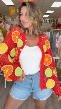 Queen of Sparkles | Crochet Lemon, Lime and Orange Button Up Sweater (SMALL)