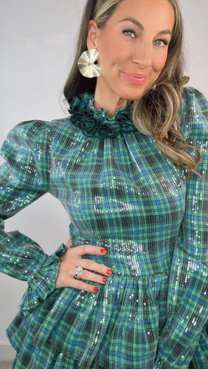 Celia B Noyer Green PLaid Sequin Ruffle Neck Mini Dress