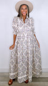 Karlie Boho Floral Puff Sleeve Crochet Trim Maxi Dress