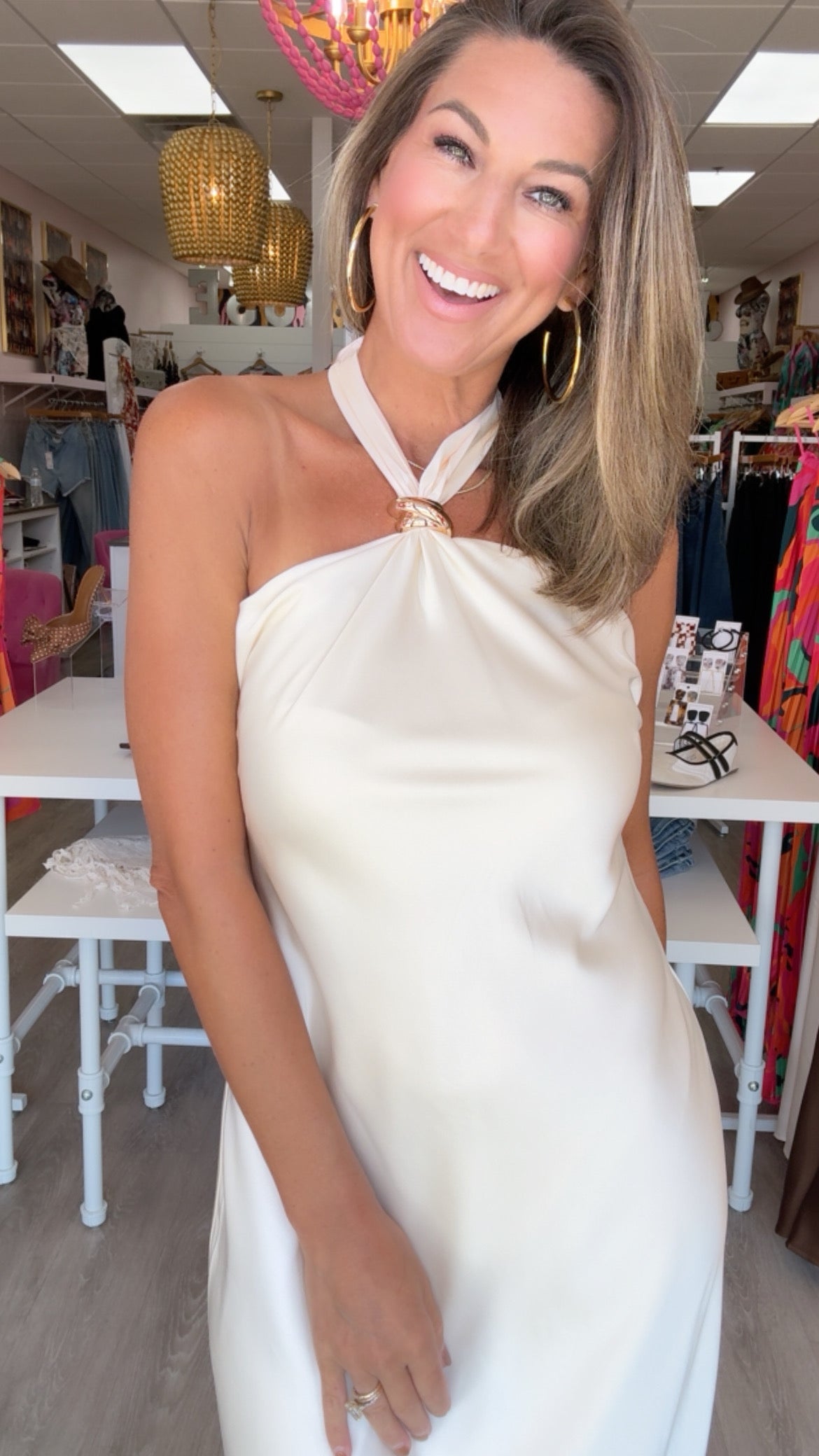 Karlie | Ivory Solid Satin Halter Maxi Dress