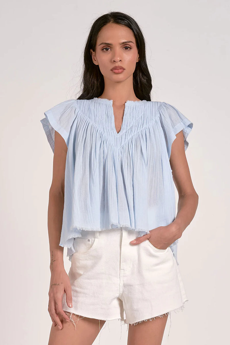 Blue Gauze Short Sleeve Frill Top