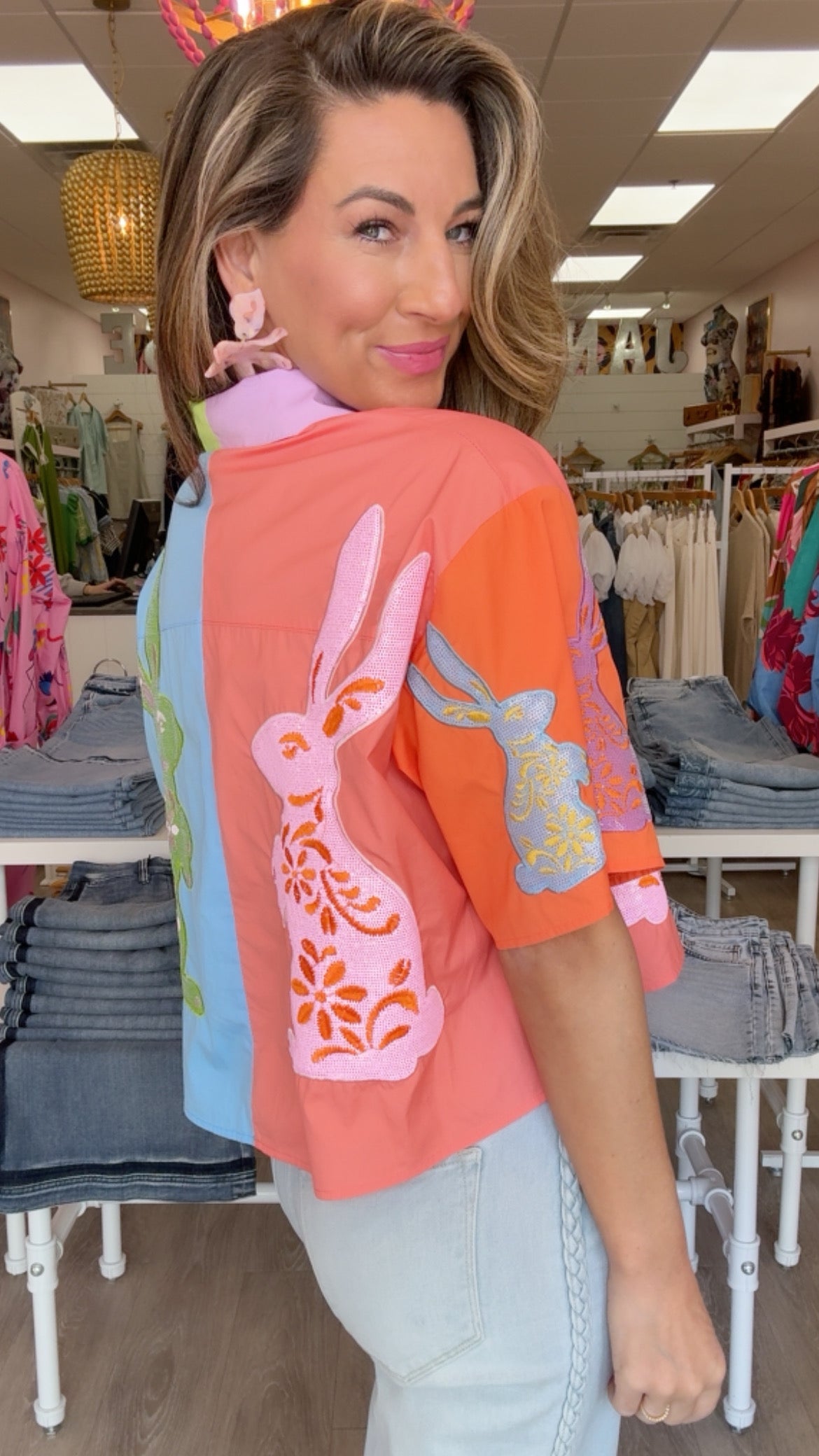 Queen of Sparkles Colorblock Easter Bunny Cotton Top (TOP ONLY)