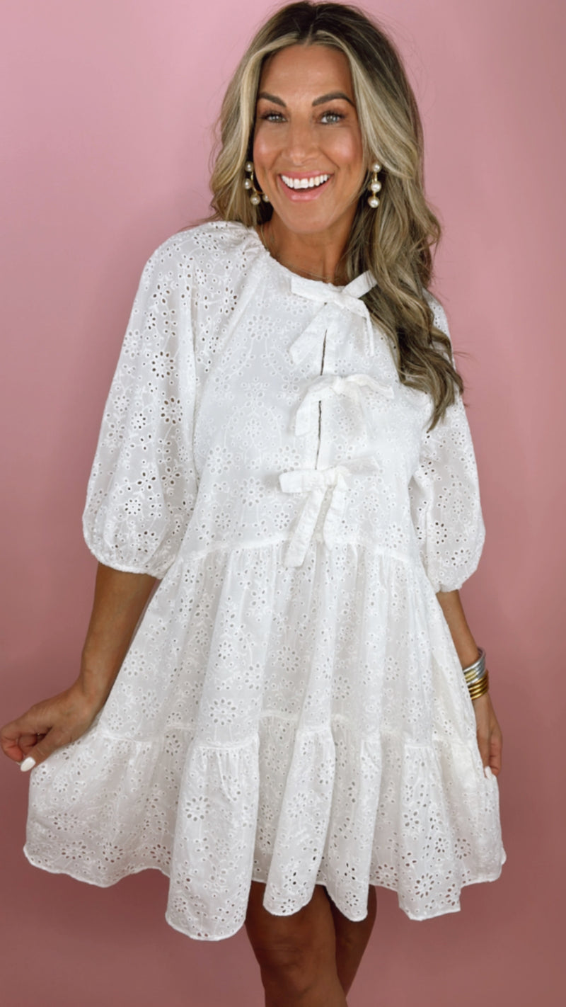 Karlie White Eyelet Bow Tier Dress
