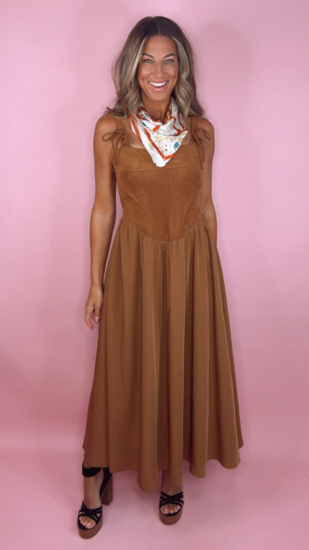 Moon River Camel Suede Mix Corset Midi Dress