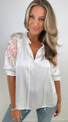 Current Air Split Neck Floral Embroidered Sleeve Top (XS)