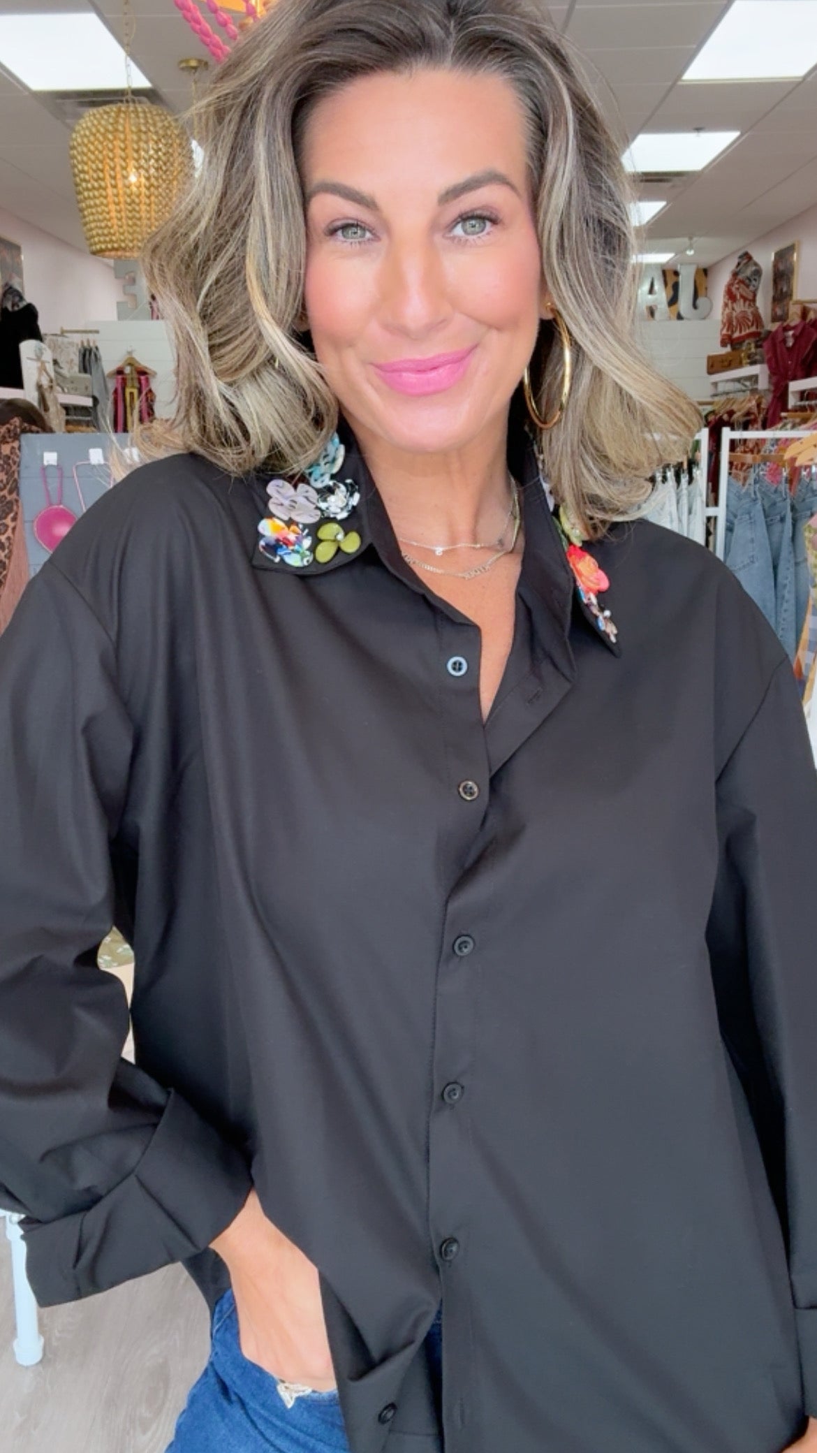 Karlie | Black Embellished Collar Poplin Top