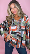 Printed V-Neck Tassel Top (SMALL)