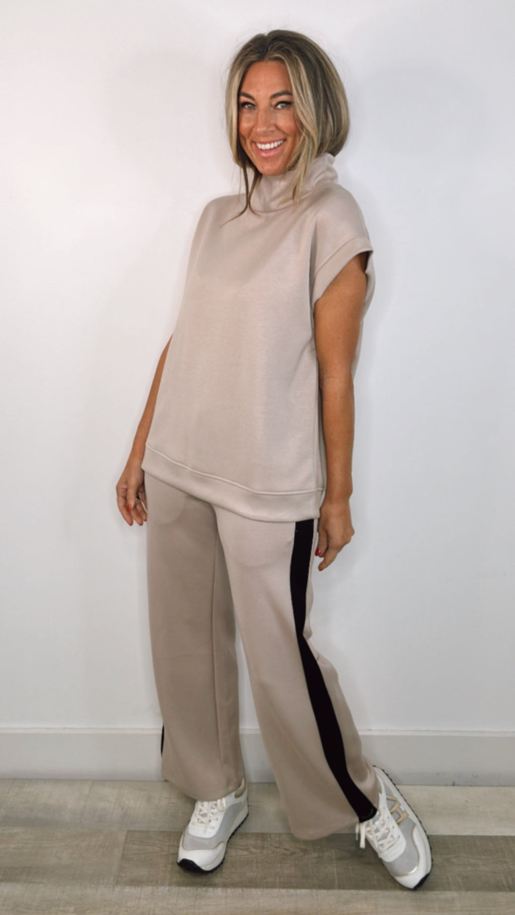 Taupe Mock Neck Boxy Top and Stripe Pants Set