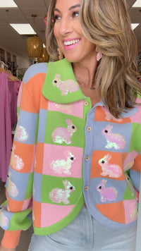 Queen of Sparkles Colorblock Easter Bunny Collared Cardigan (1 SMALL)