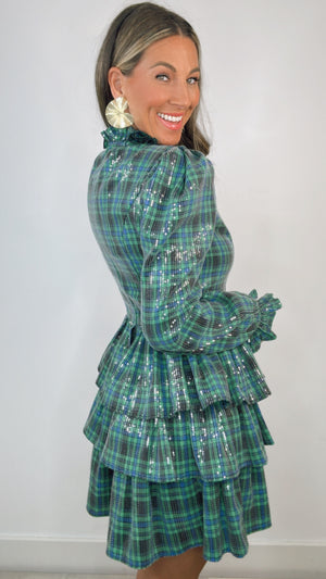 Celia B Noyer Green PLaid Sequin Ruffle Neck Mini Dress