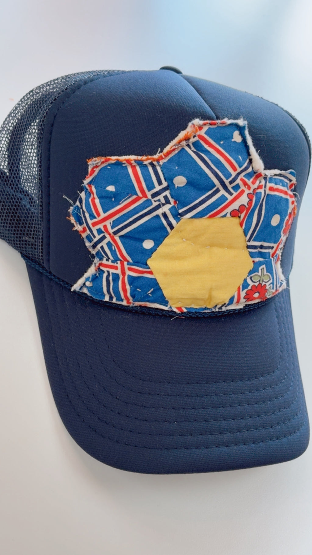 Blue and Red Vintage Quilt Navy Hat