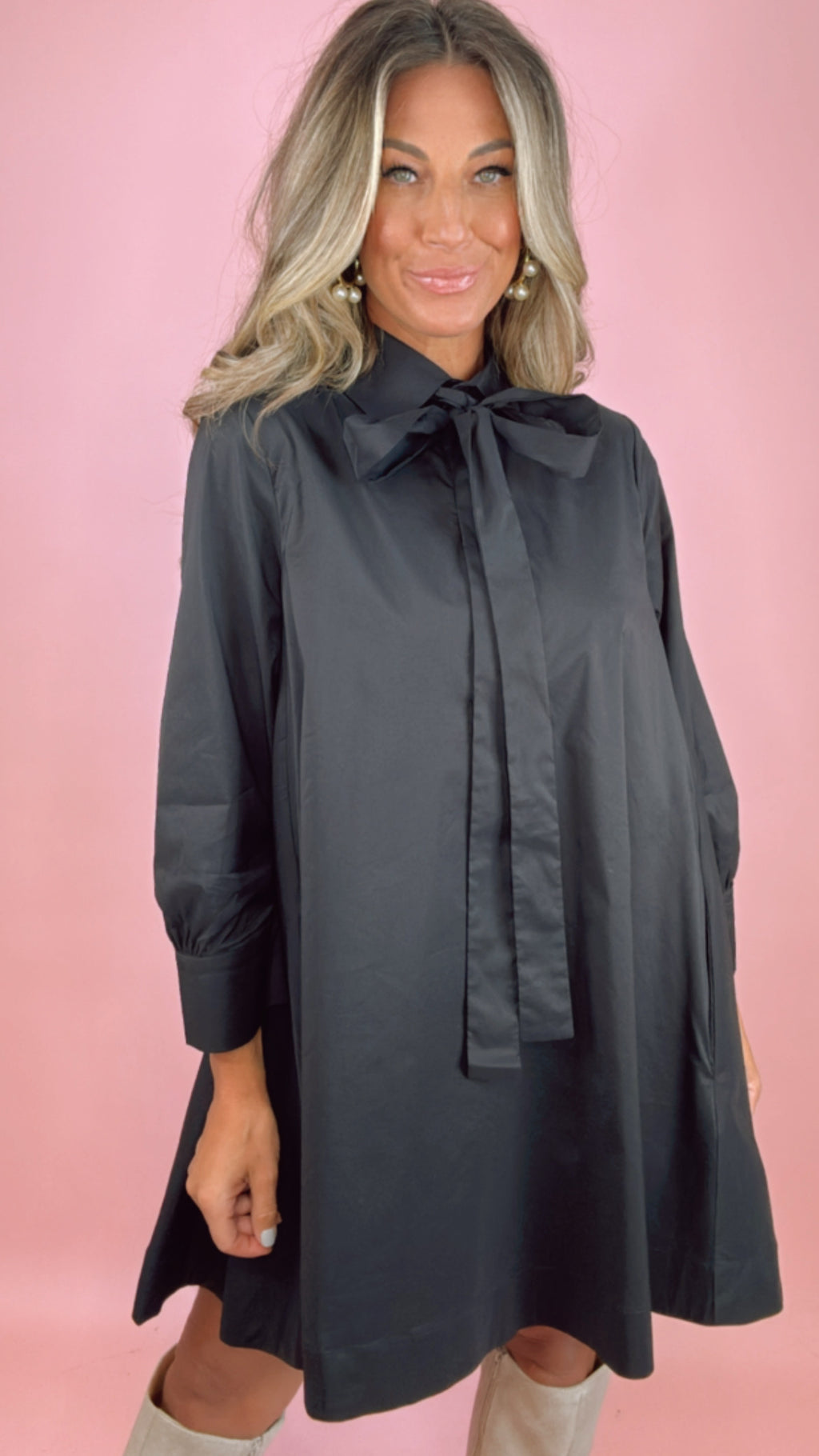 English Factory Black Bow Neck Swing Dress