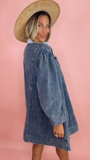 Washed Indigo Denim Button Down Mini Dress (1 MEDIUM)
