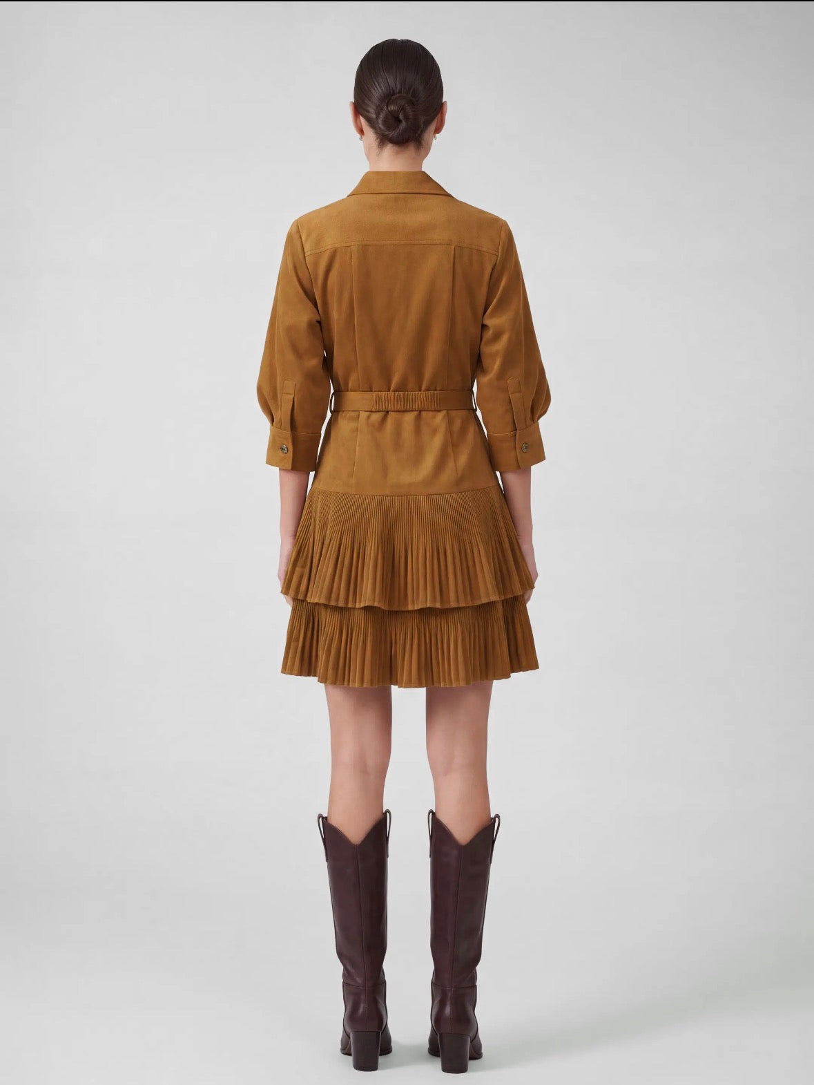 Current Air | Gold Corduroy Tiered + Pleat Shirt Dress