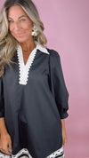 Black Cream V-Neck Scallop Trim Dress (1 SMALL)