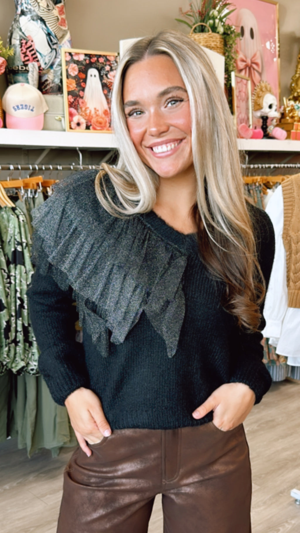 Black Ruffle Shoulder Sweater