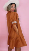 Caramel Embroidered Smocked Puff Sleeve Dress (1 SMALL)