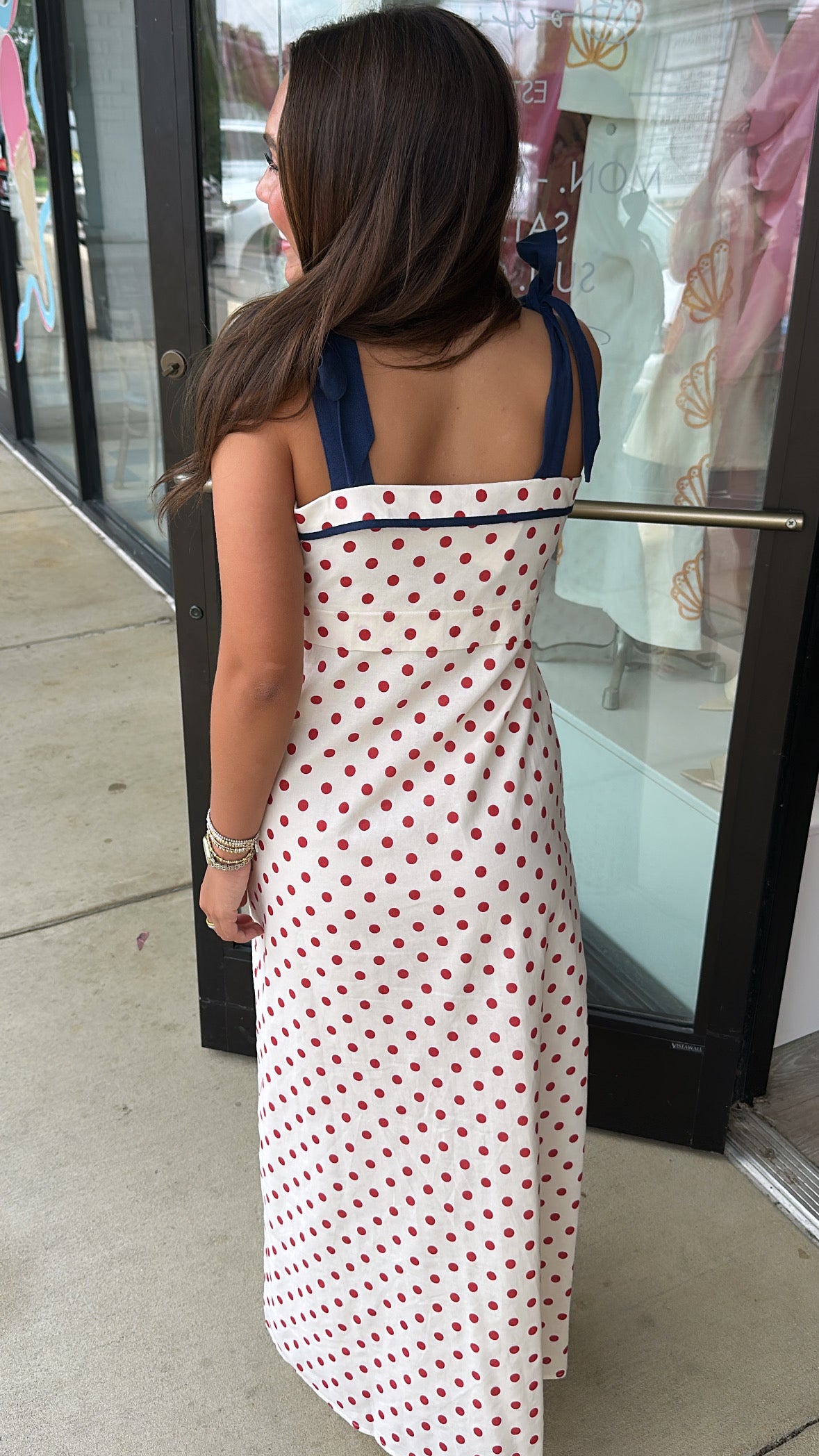 THML | Cream Polkadot Shoulder Strap Tie Dress