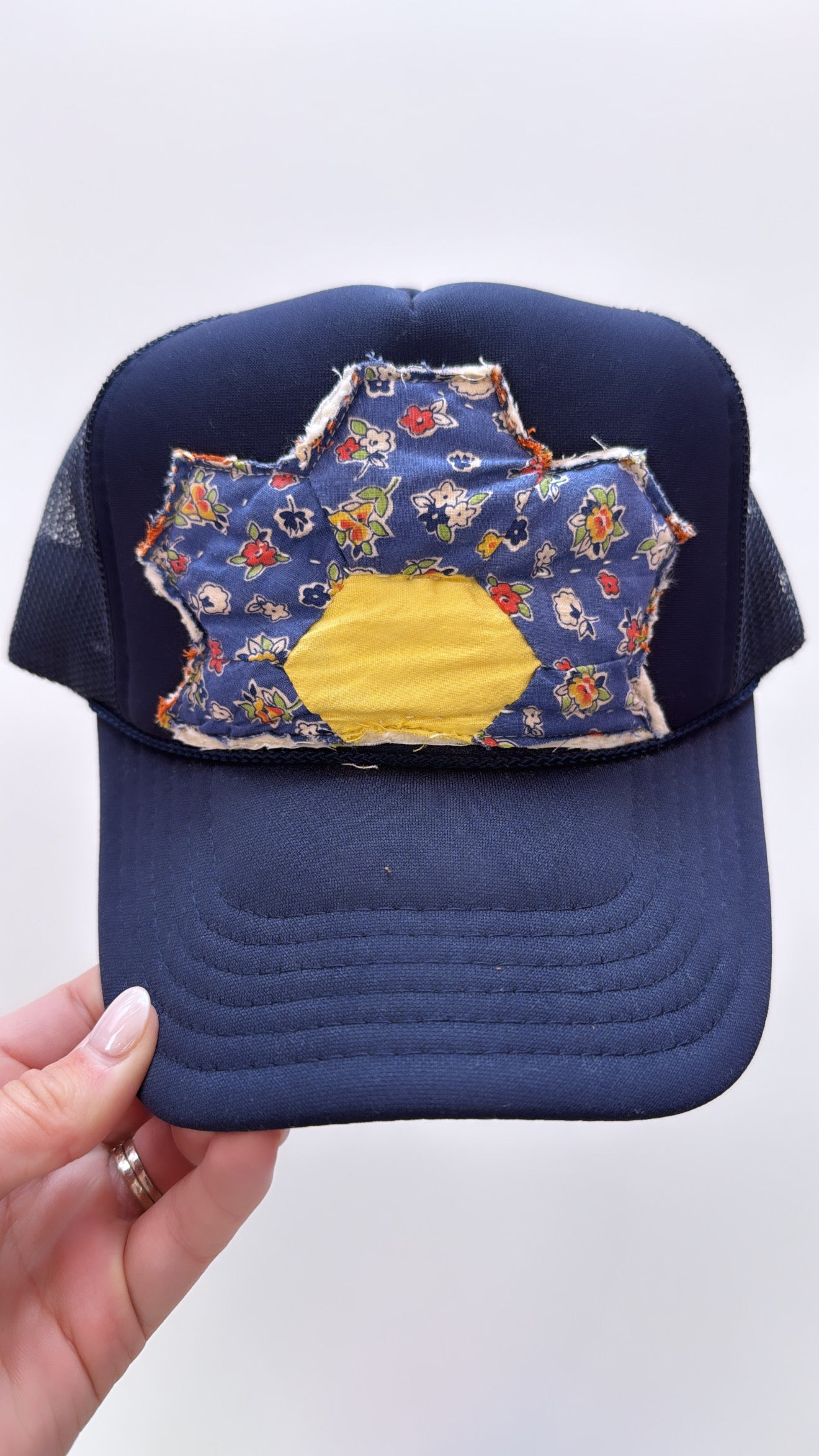 Blue Floral Navy Quilted Trucker Hat