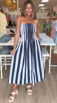 Navy Stripe Pleated Flare Midi Dress