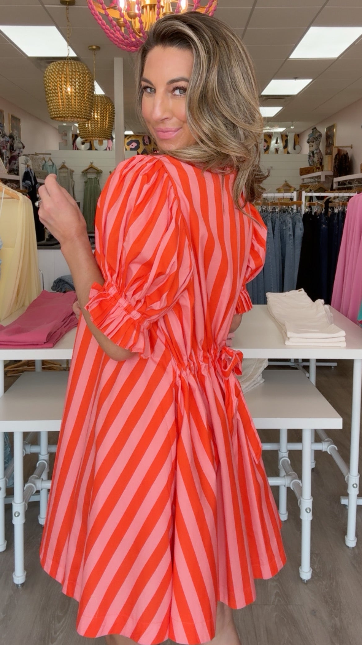 Karlie Stripe Button Tie Back Pleat Dress