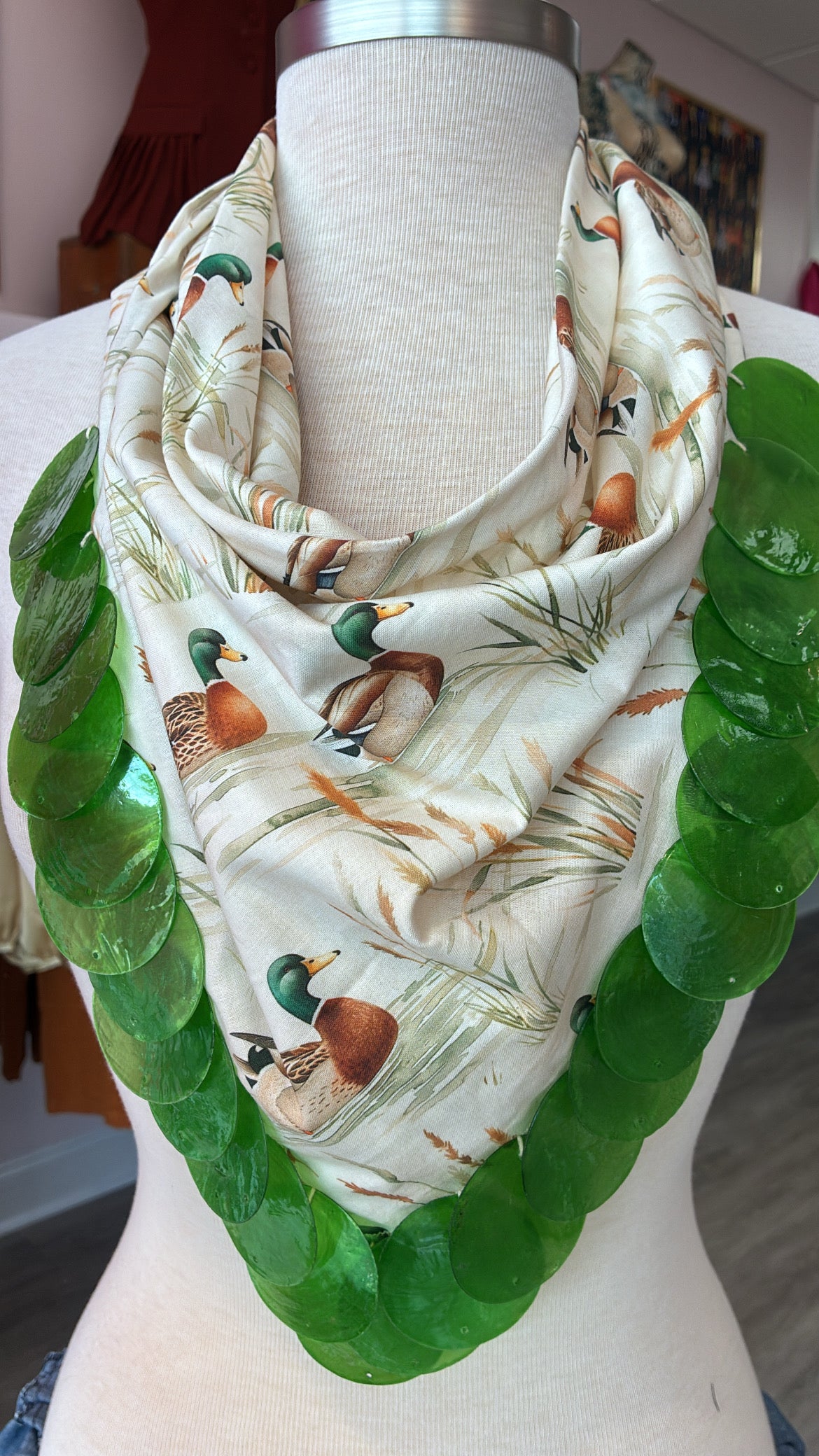 Duck Print Neck Scarf w/ Green Beads
