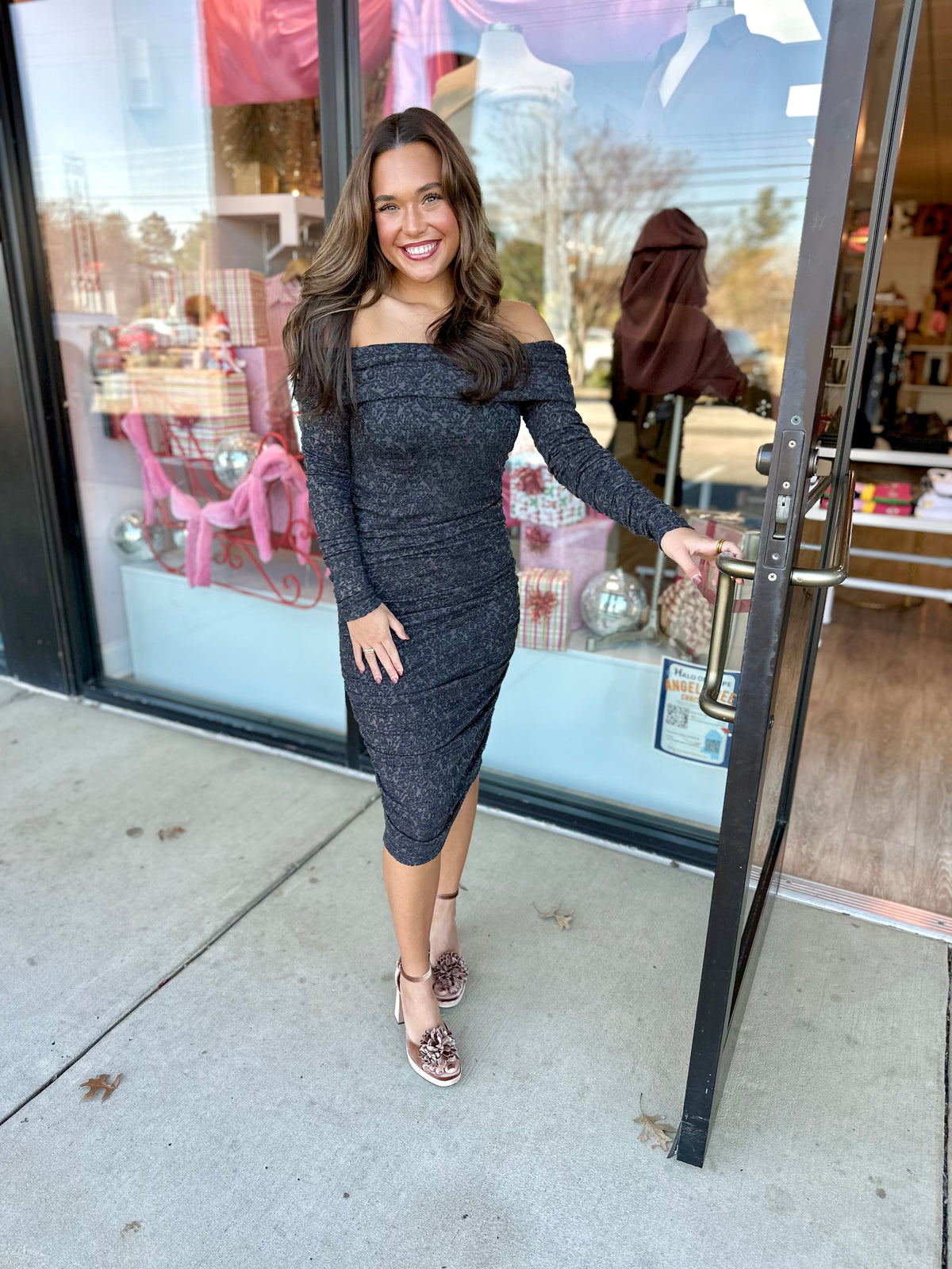 FRNCH Amii Grey Lace Off-Shoulder BodyCon Dress