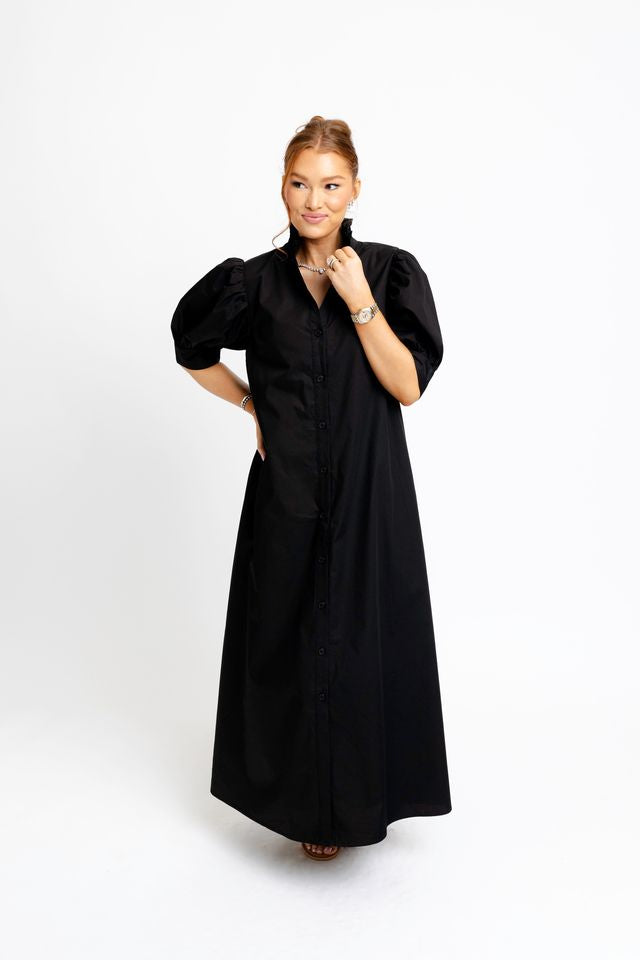 Karlie | Black Ruffle Neck Maxi Shirt Dress