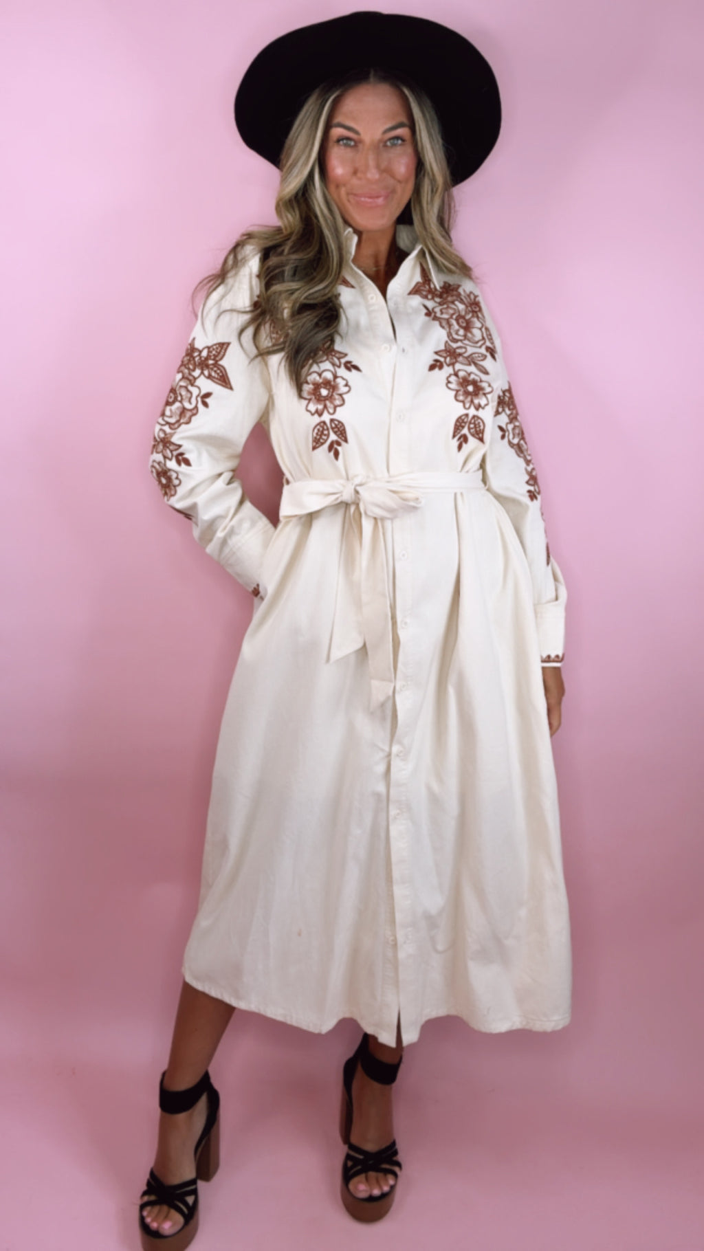 Sandshell Floral Embroidered Tie Waist Midi Dress
