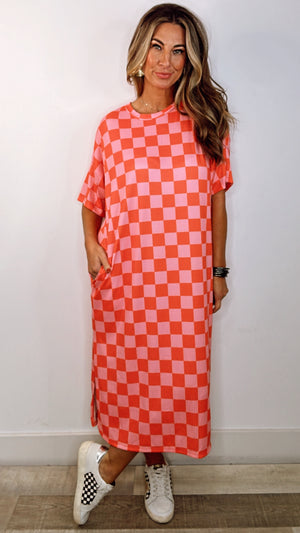 Red/ Pink Checkered Ribbed Mini Dress