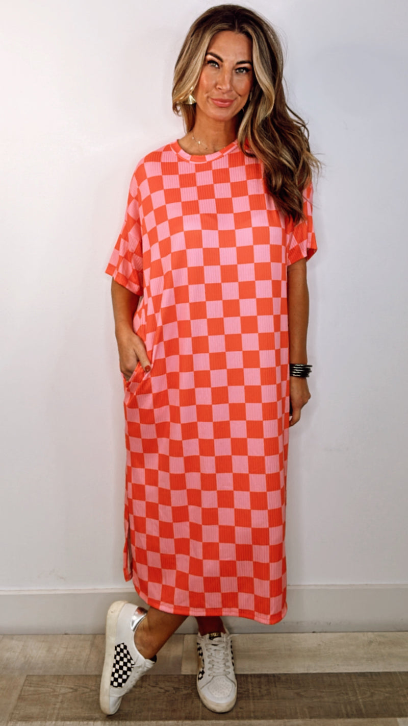 Red/ Pink Checkered Ribbed Mini Dress