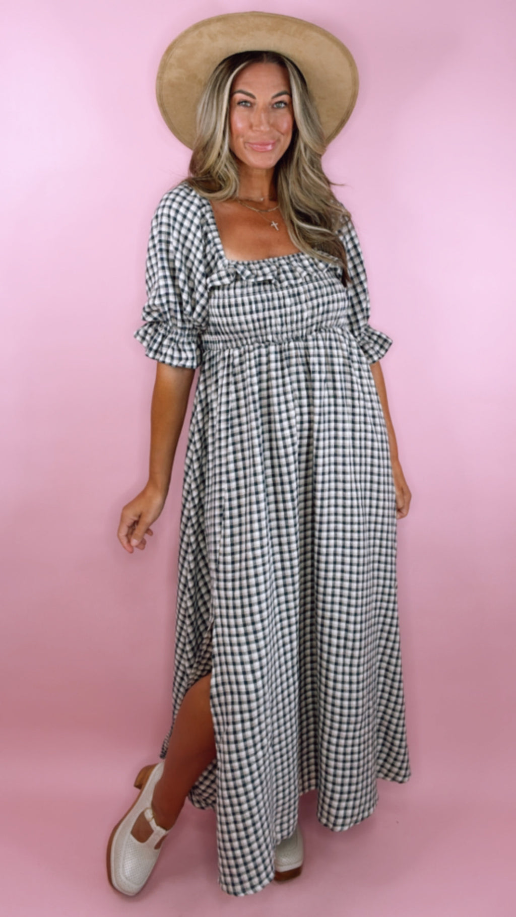 Rylee + Cru Navy Check Birdie Midi Dress