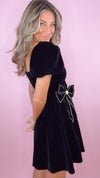 Moon River Black Velvet Rhinestone Bows Bubble Mini Dress