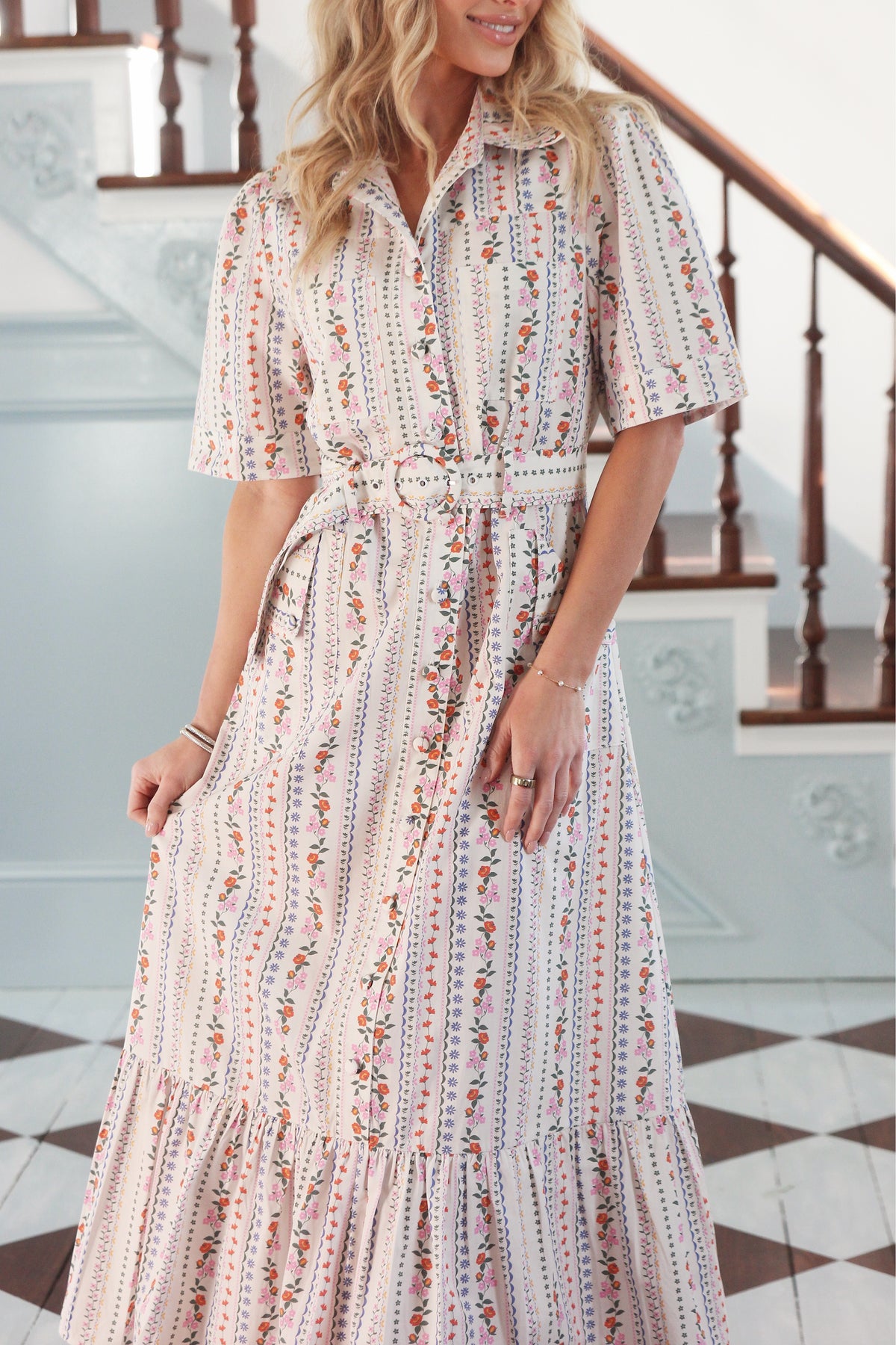 Karlie | Ivory French Floral Belted Maxi Dress